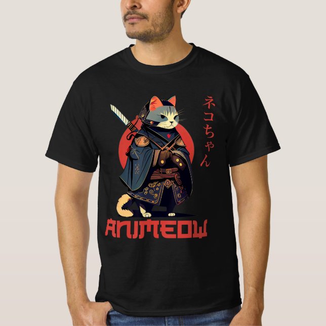 Camiseta FANTOW Diversão Fofa Roupa de Samurai Gato Ninja K (Frente)