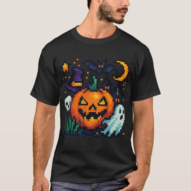 Camiseta Farbenfrohes Halloween Pixelart – Kürbis, Geist &  (Frente)