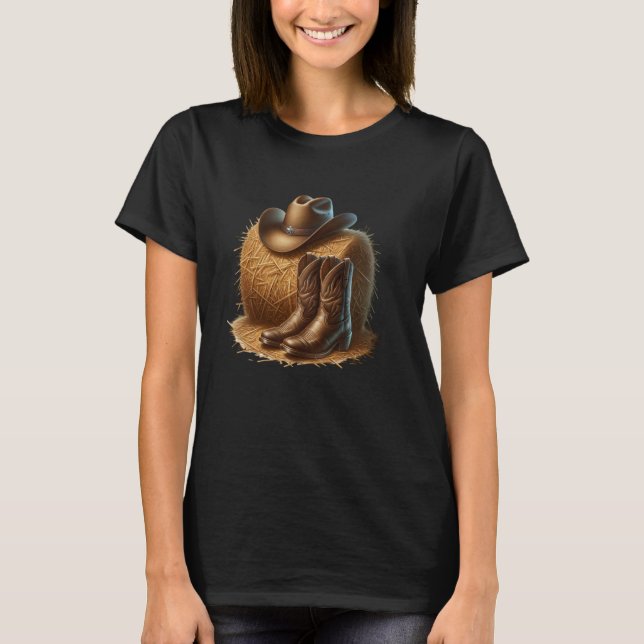 Camiseta Fardo de Feno com Chapéu de Cowboy e Botas de Cowb (Frente)