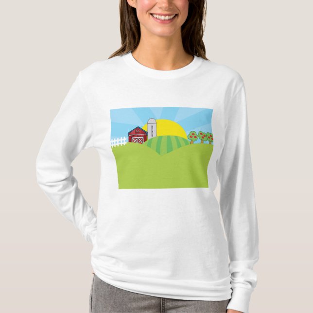 Camiseta Farm Landscape Red Barn Silo Apple Trees (Frente)