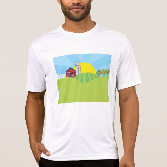 Camiseta Farm Landscape Red Barn Silo Apple Trees (Frente)