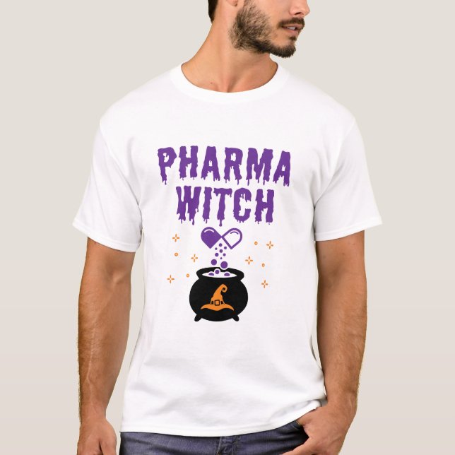 Camiseta Farmacêutica Halloween Pharmacy Tech Pharma Witch (Frente)