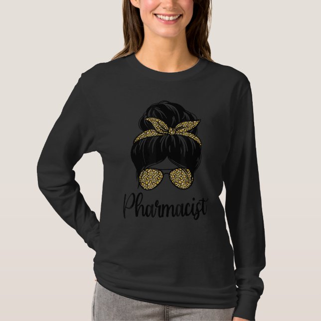 Camiseta Farmacêutico Messy Bun Leopard Pharmacy Tech Pharm (Frente)