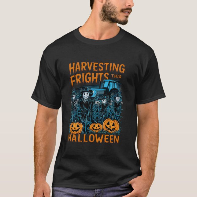 Camiseta Farmer Entusiasmado Trator de Halloween Spooky Pum (Frente)
