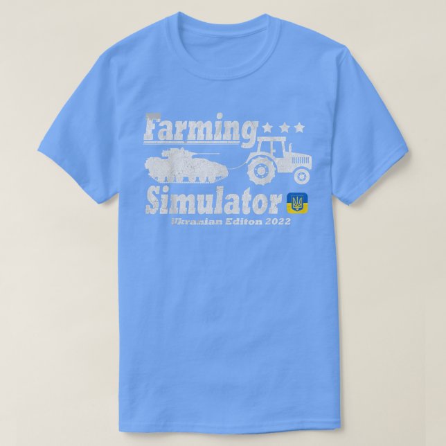 Camiseta Farmer Simulator Trator Puxando Tanque Ucraniano E (Frente do Design)