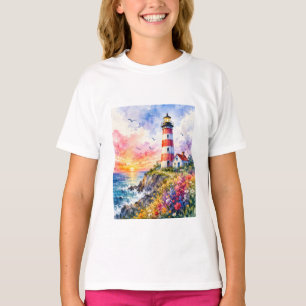 Camiseta Farol Colorido em Aquarela à Beira-Mar