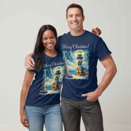 Camiseta Farol de Árvore de Natal Azul Costeiro Náutico
