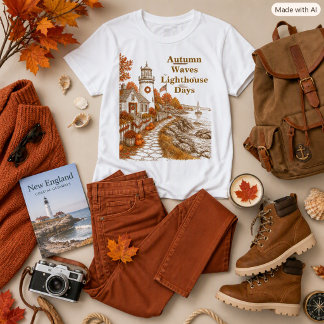 Camiseta Farol de Outono Estilo Costeiro Marrom Laranja