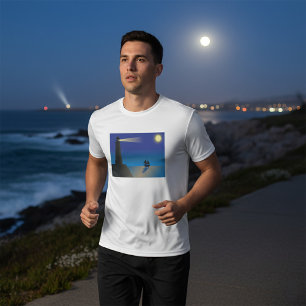 Camiseta Farol e veleiro à noite Oceano iluminado pela Lua
