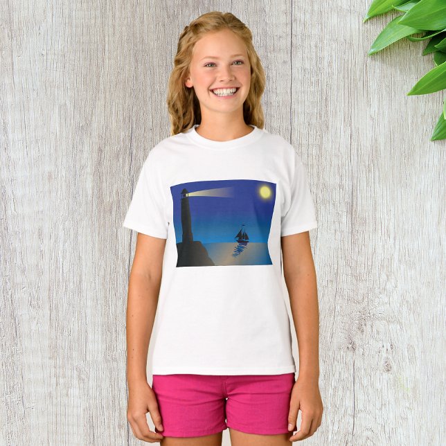 Camiseta Farol e veleiro à noite Oceano iluminado pela Lua (Criador carregado)