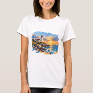 Camiseta Farol em Aquarela ao Pôr do Sol Arte Costeira
