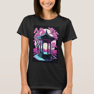 Camiseta Farol Rosa Japonês Brilhante Noite Lua