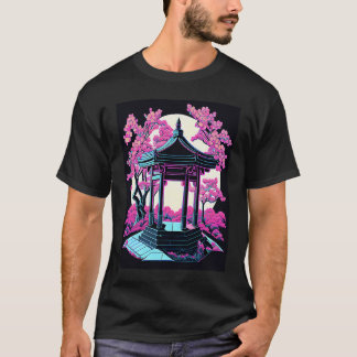 Camiseta Farol Rosa Japonês Brilhante Noite Lua