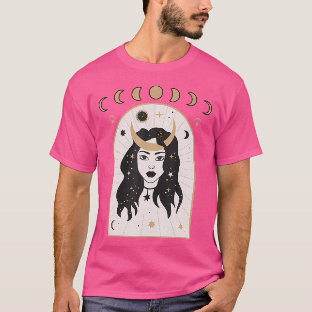Camiseta Fases Celestiais Da Lua E Garota Mística Boho Wicc (Frente)