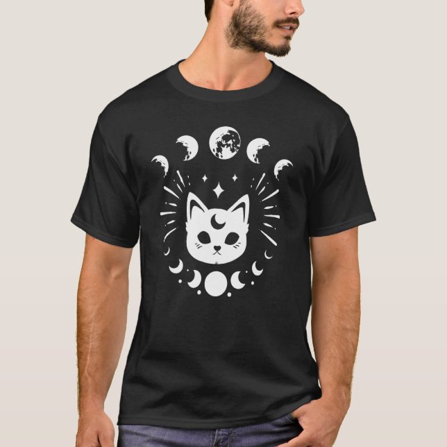 Camiseta Fases da Lua Celestial e Gato Místico Boho Wicca (Frente)