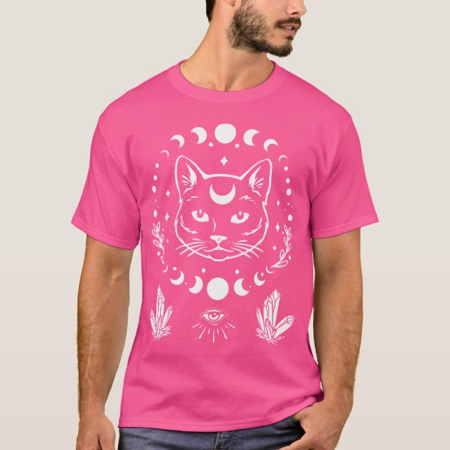 Camiseta Fases da Lua Celestial e Gato Místico Boho Wicca (Frente)