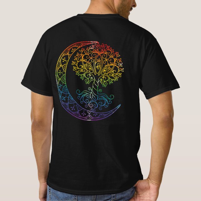 Camiseta Fases da Lua Crescente da Árvore da Vida Mandala Y (Verso)