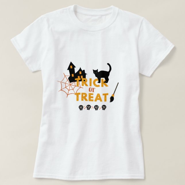 Camiseta Fashion de fantasia de Halloween TRICK OU TREAT (Frente do Design)