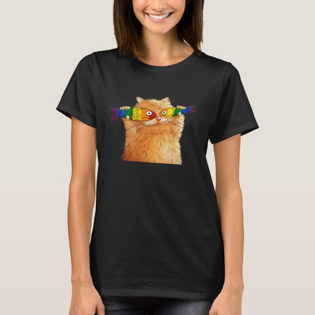 Camiseta Fat Cat Catching Fish Fishy Eyes Pet LGBT Fish Lov (Frente)