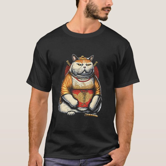 Camiseta Fat Cute Cat Japanese Samurai Sumo Animal 1 (Frente)