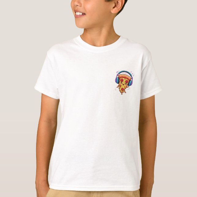 Camiseta Fatia de Pizza Dançante com Fones de Ouvido para C (Frente)