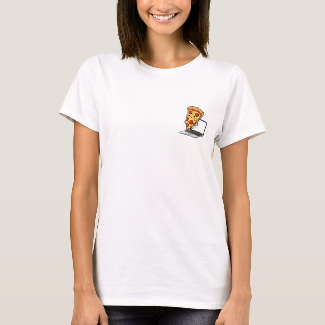 Camiseta Fatia Feliz de Pizza de Pepperoni Surfando (Frente)