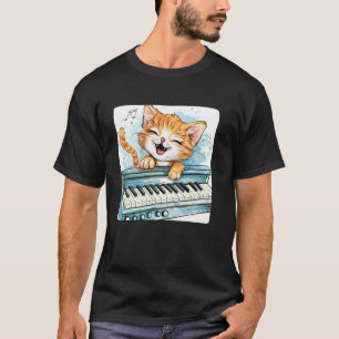 Camiseta Fato de Gato ao Piano Rindo e Feliz para Gatos que