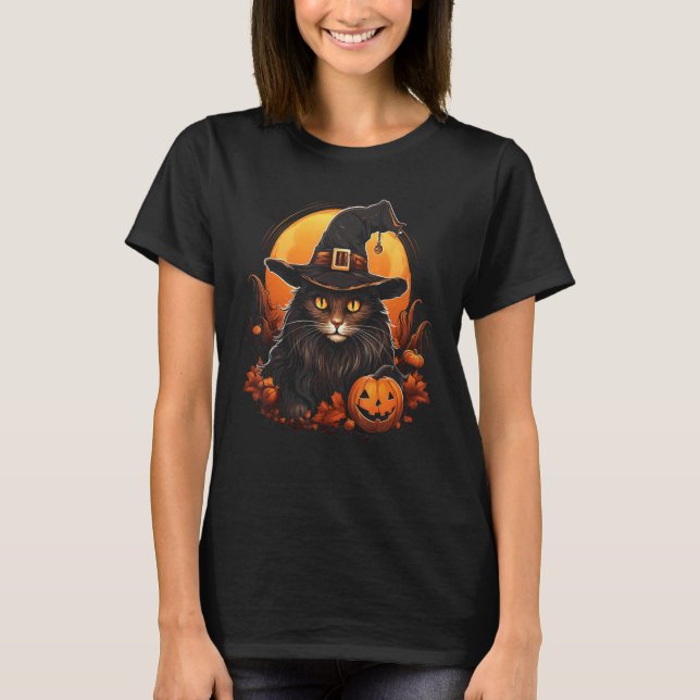 Camiseta Fato de Gato de Halloween Bruxa Abóbora Lua Gato E (Frente)