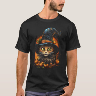 Camiseta Fato de Gato de Halloween Chapéu de Bruxa Abóbora