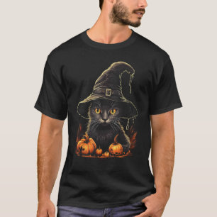 Camiseta Fato de Gato do Halloween Chapéu de Bruxa Abóbora