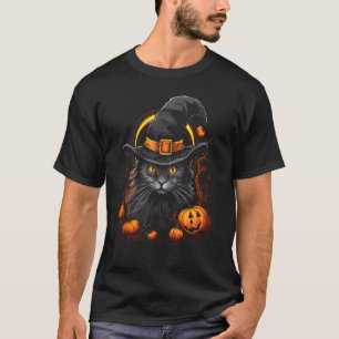 Camiseta Fato de Gato Preto do Halloween Chapéu de Bruxa Ja