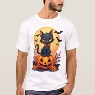 Camiseta Fato de Halloween de Abóbora de Gato Preto Retro O