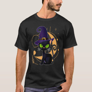 Camiseta Fato de Halloween de Gato Preto Chapéu de Bruxa As