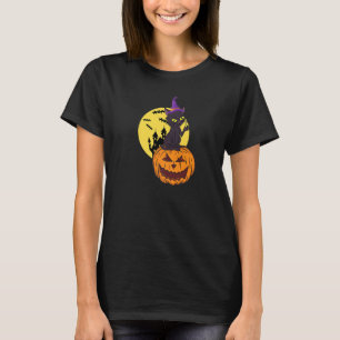 Camiseta Fato de Halloween Gato Preto Chapéu de Bruxa Lua A