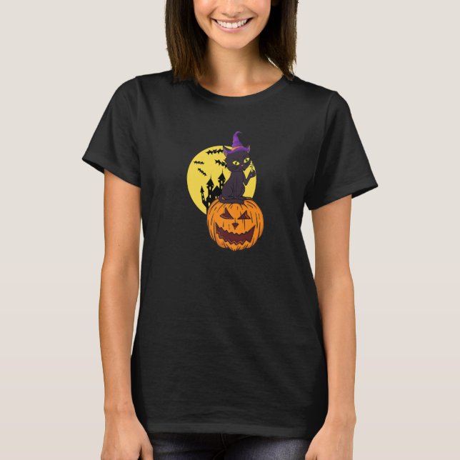 Camiseta Fato de Halloween Gato Preto Chapéu de Bruxa Lua A (Frente)