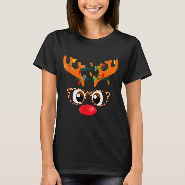 Camiseta Fato de Natal de Rena com Cara de Leopardo para Mu (Frente)