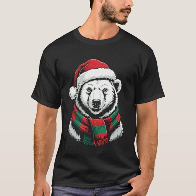 Camiseta Fato de Natal de Urso Polar com Chapéu e Cachecol  (Frente)