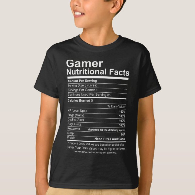 Camiseta Fatos Nutricionais Legal Jogos de Vídeo Jogador En (Frente)