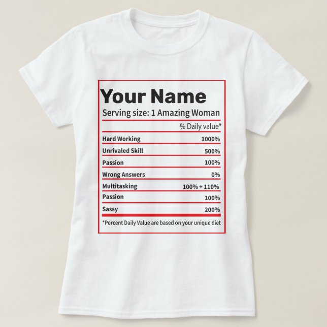 Camiseta Fatos Nutricionais Nome Personalizado - Mulheres P (Frente do Design)
