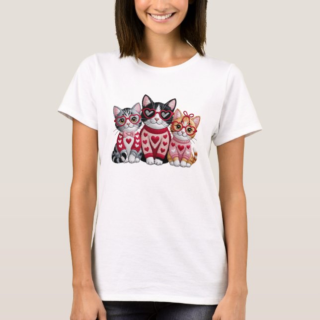 Camiseta Faux Yarn Crochet Valentines Cat (Frente)
