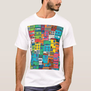 Camiseta favela urbana brasileira: fundo colorido.