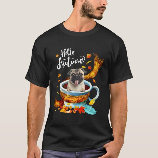Camiseta Fawn Pug Dog Autumn Café Alô Outono outono Folha (Frente)