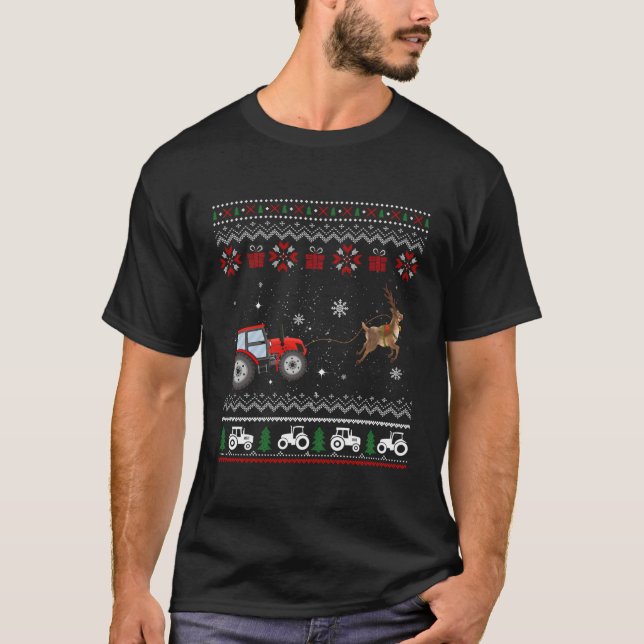 Camiseta Fazenda Trator Reindeer Diversão Farmante de Natal (Frente)