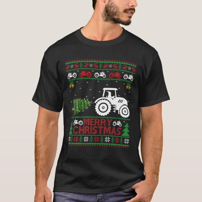 Camiseta Fazenda Trator Xmas Luzes de árvore Papais noeis F (Frente)