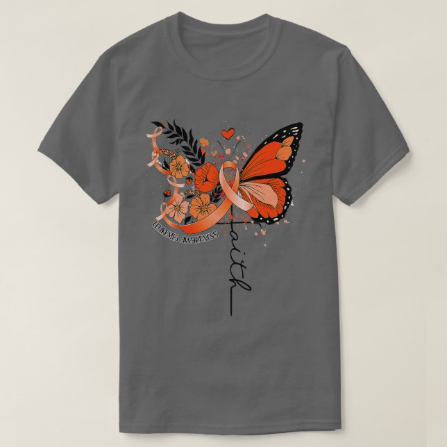 Camiseta Fé Borboleta Laranja Fita Leucemia Sensibilização  (Frente do Design)