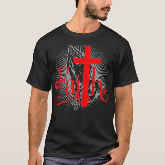Camiseta Fé com a Cruz Cristã e mãos de Oração Jesus (Frente)