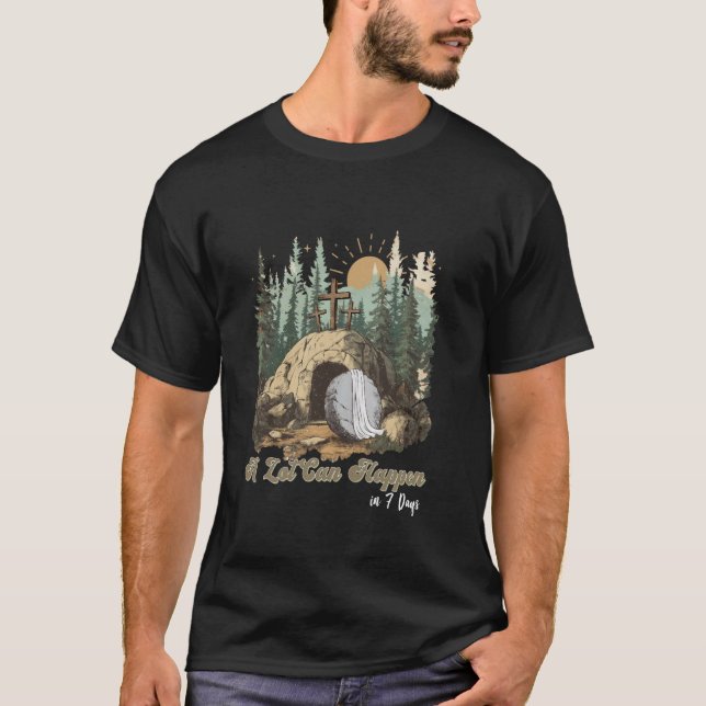Camiseta Fé Cristã Feliz Dia de Páscoa Muito Pode Acontecer (Frente)