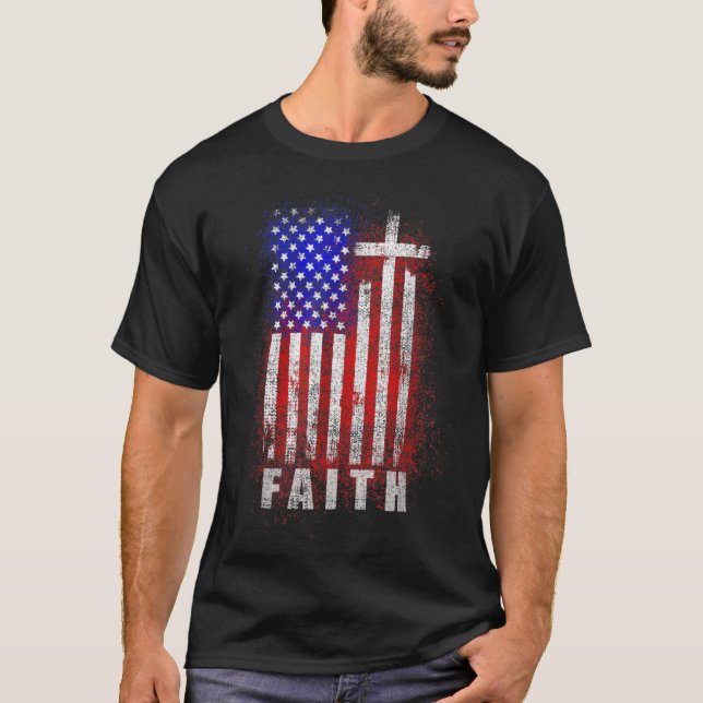 Camiseta Fé Cristã Patriótica Amor Jesus Bandeira Americana (Frente)
