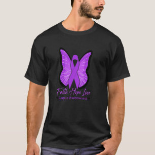 Camiseta Fé Esperança Amor Borboleta Fitas Roxas Lúpus C