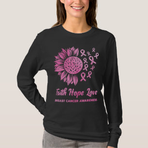 Camiseta Fé Esperança Amor Câncer de Mama Girassol Rosa